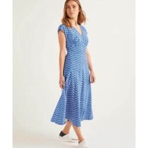 Boden Blue Geometric V‑Neck Midi Dress